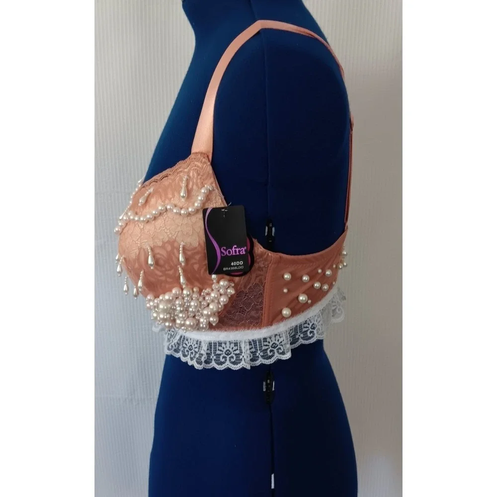Sofra faux pearl lace beaded Adjustable Straps underwired‎ Peach Bra size 40DD